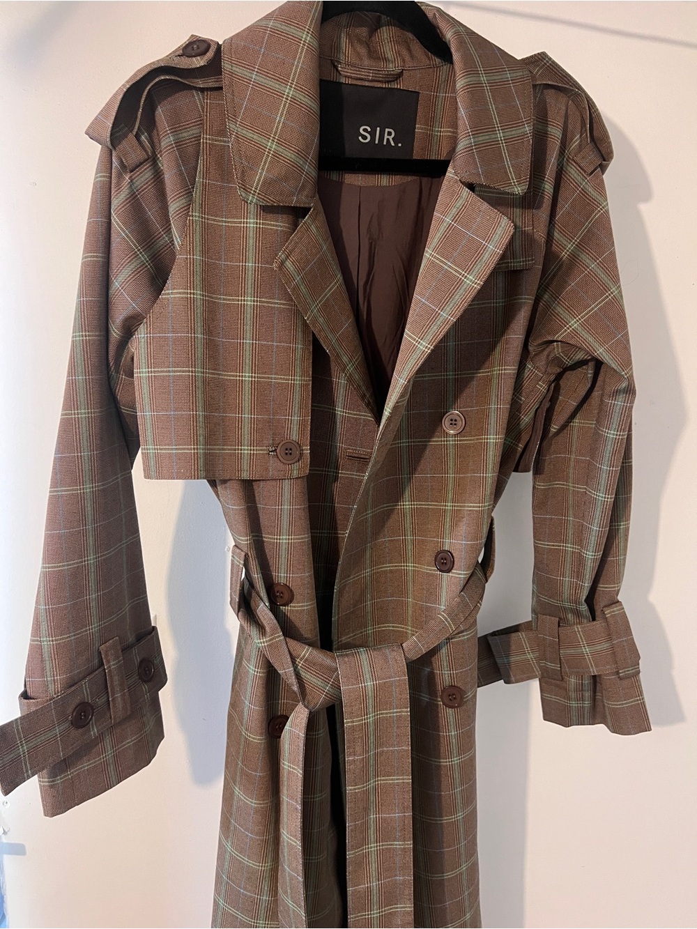 SIR the label Brown Plaid Trench Coat with Subtle Green Check